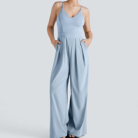 Halara Light Blue Breezeful Wide Leg Side Pocket Jumpsuit LARGE TALL - Picture 1 of 9